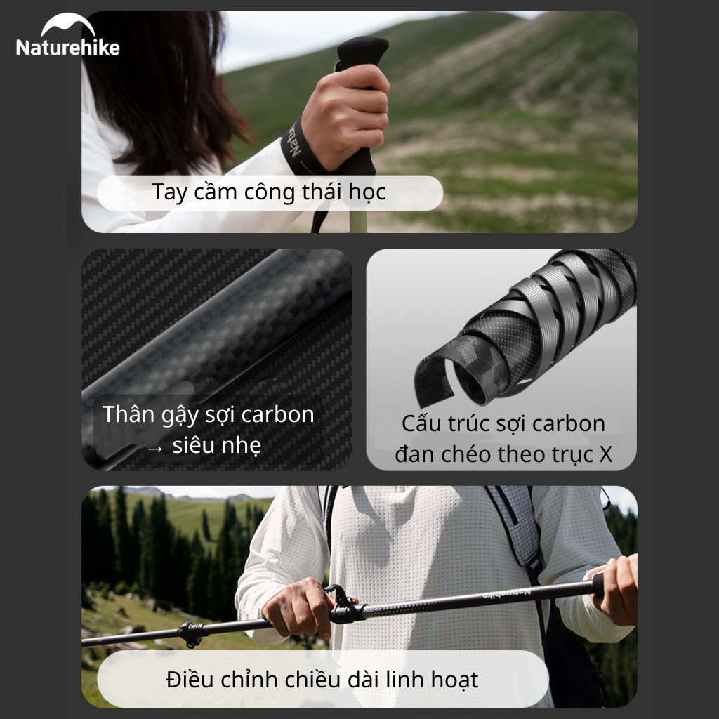 Gậy Leo Núi Naturehike CNK2300DS010 Carbon 3K Siêu Nhẹ – Gậy Trekking Gấp Gọn Điều Chỉnh Chiều Cao