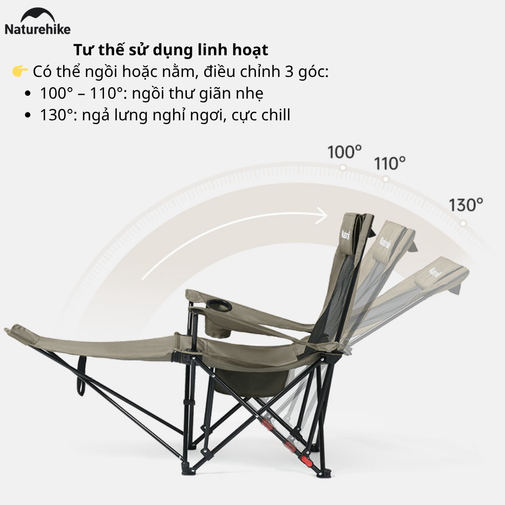 Ghế Xếp Camping Naturehike CNK2550JJ023 Có Gác Chân Lưới Ngả 130° Ghế Dã Ngoại Gấp Gọn Thoáng Khí