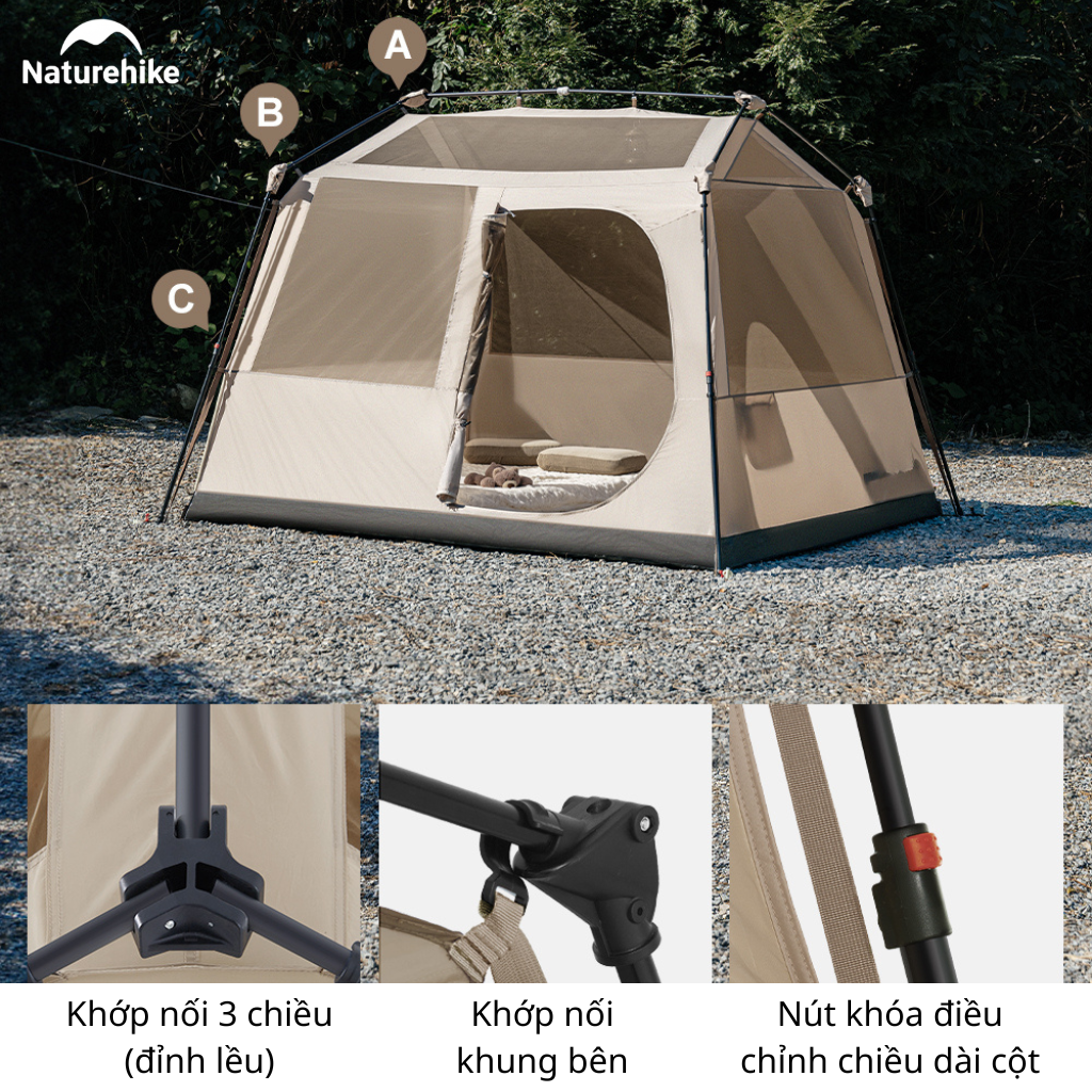 Lều Camping Naturehike CNK2550WS043 4 Người Dựng Nhanh Tự Bung Chống Mưa 2000mm Lều Gia Đình Cao 1m8