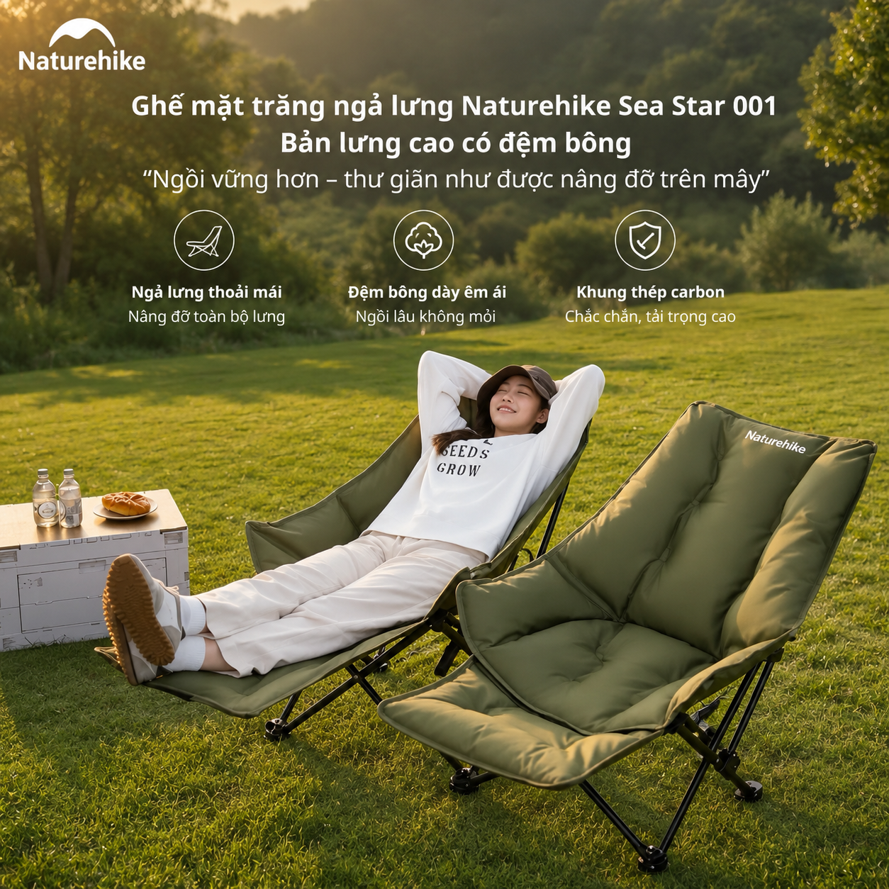Ghế Xếp Camping Naturehike Sea Star 001 CNK2450JJ020 Có Gác Chân - Ghế Mặt Trăng Ngả Lưng Gấp Gọn