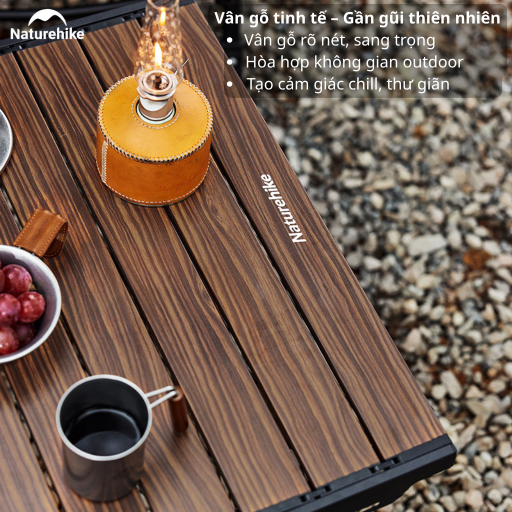Bàn Camping Vân Gỗ Gấp Gọn CNH22JU043 Naturehike – Mặt Bàn Lớn, Khung Nhôm Chắc Chắn, Setup Outdoor Sang Trọng