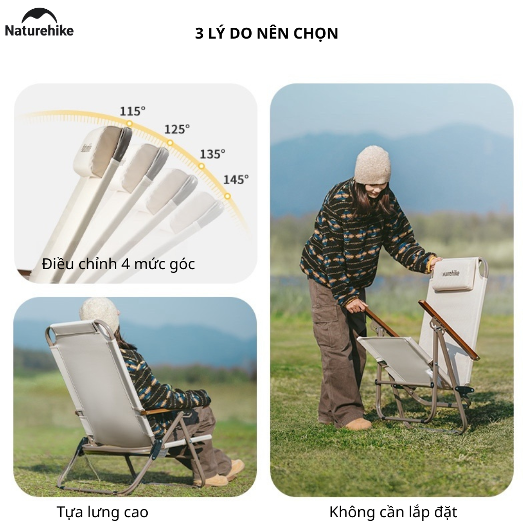 Ghế Xếp Camping Naturehike CNK2550JJ012 Low Chair Gấp Gọn 4 Mức Chỉnh – Ghế Dã Ngoại Tựa Lưng Cao Có Gối