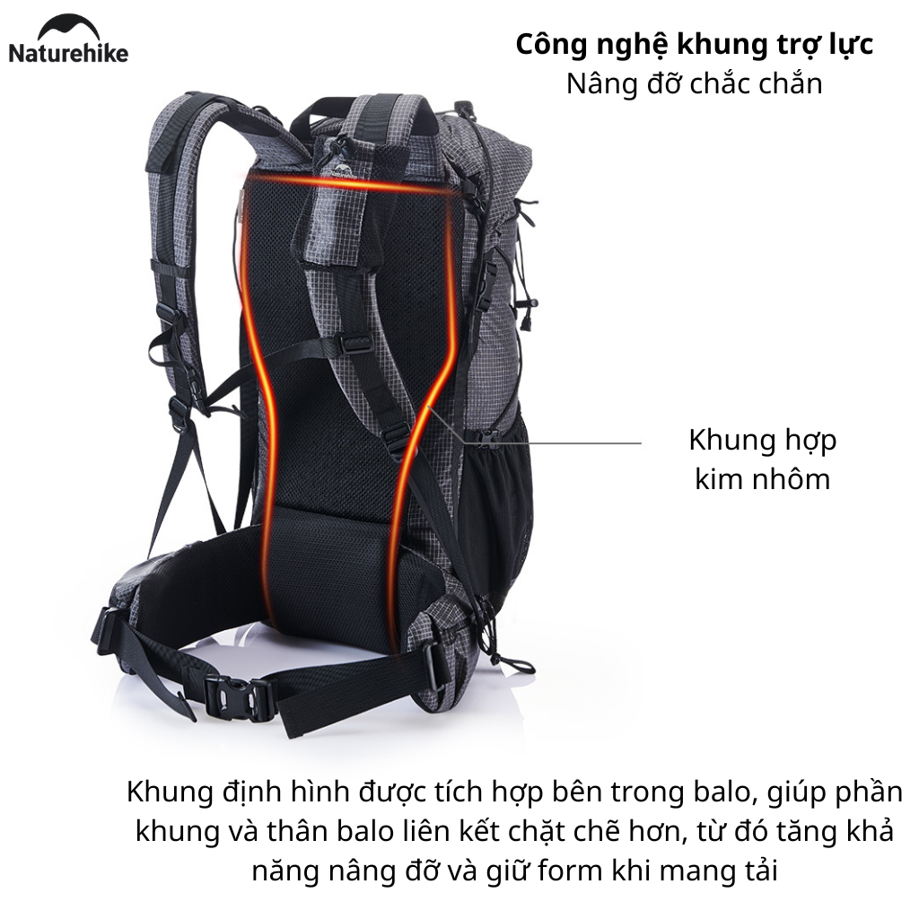 Balo Leo Núi Naturehike 60L Siêu Nhẹ Chống Nước Khung Nhôm Trekking Hiking Camping
