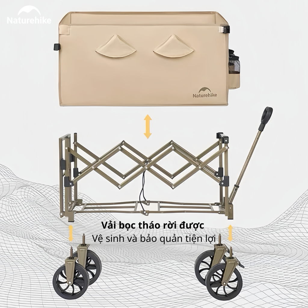 Xe Kéo Gấp Gọn CNK2350JJ012 Naturehike - Xe Đẩy Camping Dã Ngoại Có Phanh, Gấp Gọn, Mở Rộng Đuôi Xe