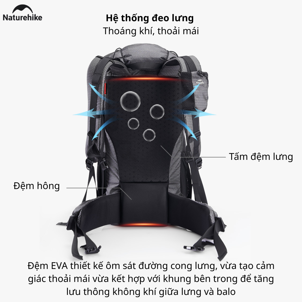 Balo Leo Núi Naturehike 60L Siêu Nhẹ Chống Nước Khung Nhôm Trekking Hiking Camping