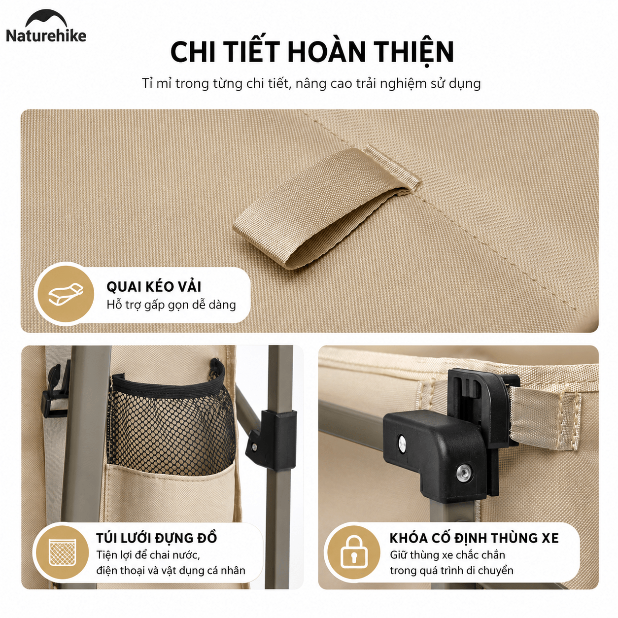 Xe Kéo Gấp Gọn CNK2350JJ012 Naturehike - Xe Đẩy Camping Dã Ngoại Có Phanh, Gấp Gọn, Mở Rộng Đuôi Xe
