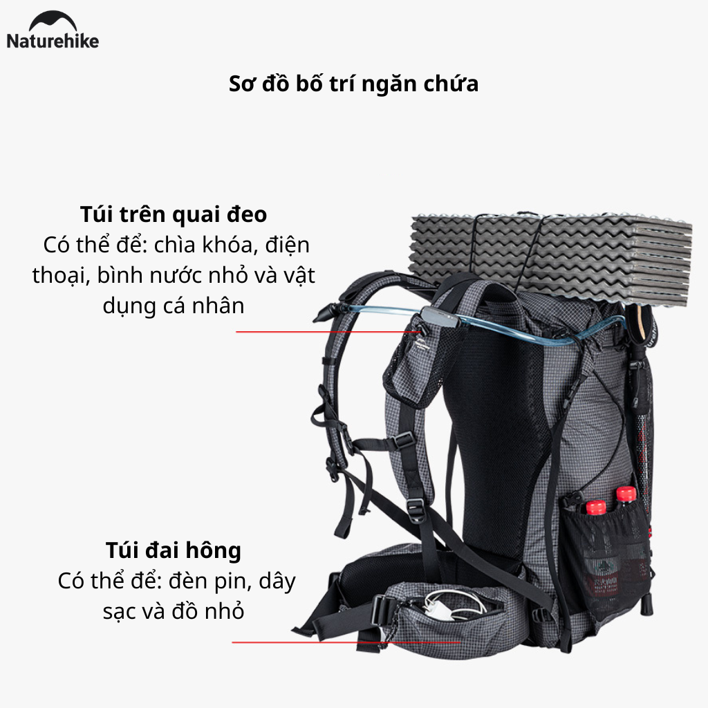 Balo Leo Núi Naturehike 60L Siêu Nhẹ Chống Nước Khung Nhôm Trekking Hiking Camping