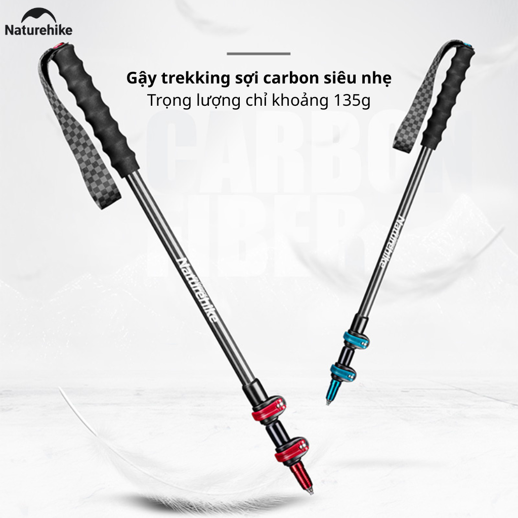Gậy Trekking Naturehike NH19S010-T Sợi Carbon Siêu Nhẹ 135g Gấp Gọn Điều Chỉnh 57-130cm Leo Núi Dã Ngoại (TẶNG KÈM HỘP)