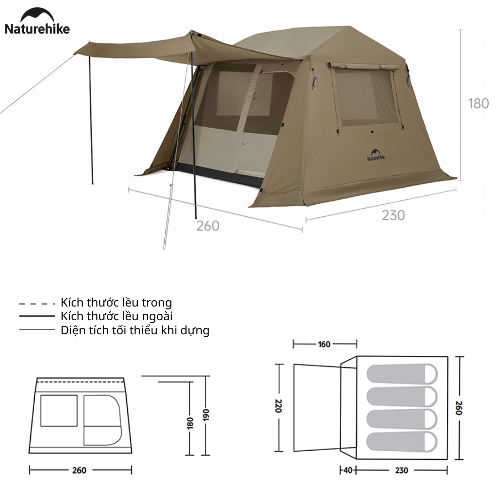 Lều Camping Naturehike CNK2550WS043 4 Người Dựng Nhanh Tự Bung Chống Mưa 2000mm Lều Gia Đình Cao 1m8