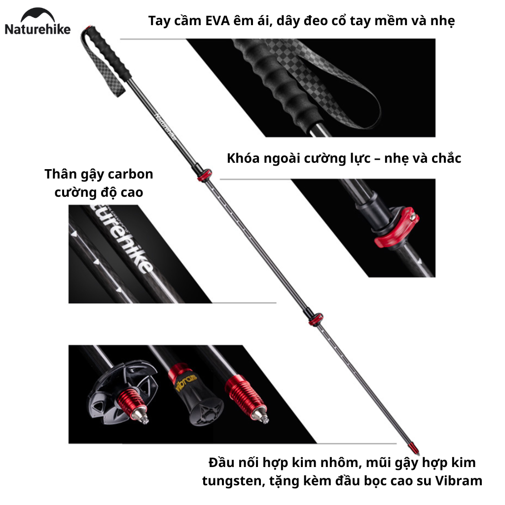 Gậy Trekking Naturehike NH19S010-T Sợi Carbon Siêu Nhẹ 135g Gấp Gọn Điều Chỉnh 57-130cm Leo Núi Dã Ngoại (TẶNG KÈM HỘP)