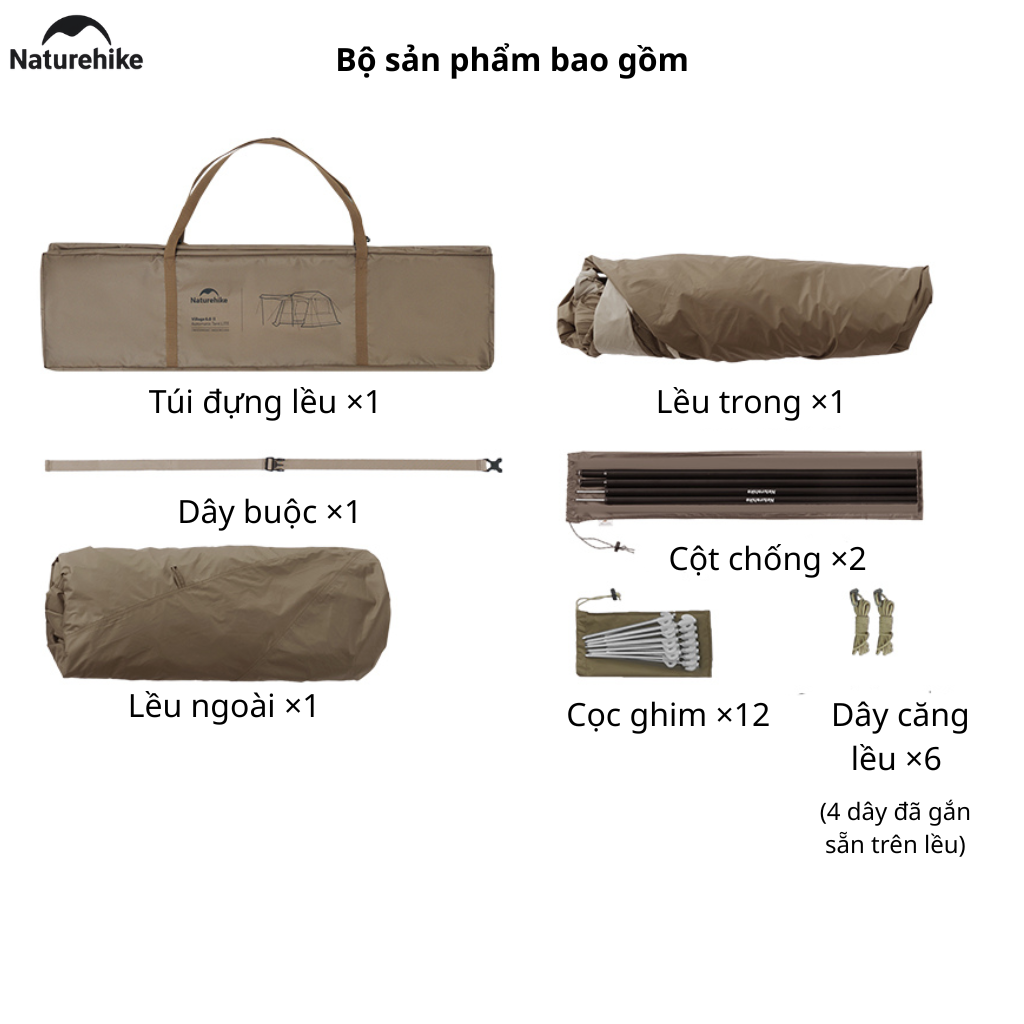Lều Camping Naturehike CNK2550WS043 4 Người Dựng Nhanh Tự Bung Chống Mưa 2000mm Lều Gia Đình Cao 1m8