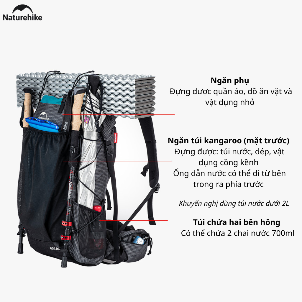Balo Leo Núi Naturehike 60L Siêu Nhẹ Chống Nước Khung Nhôm Trekking Hiking Camping