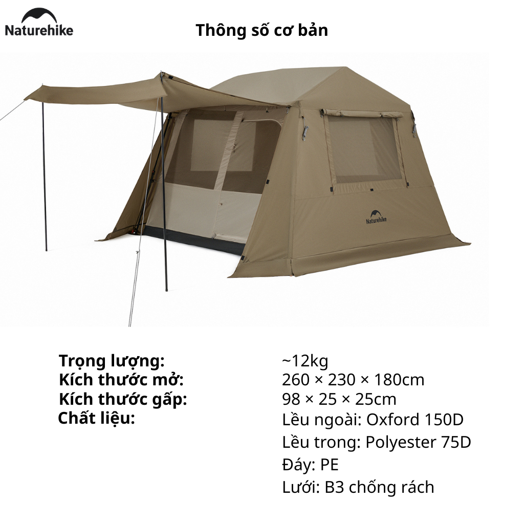 Lều Camping Naturehike CNK2550WS043 4 Người Dựng Nhanh Tự Bung Chống Mưa 2000mm Lều Gia Đình Cao 1m8