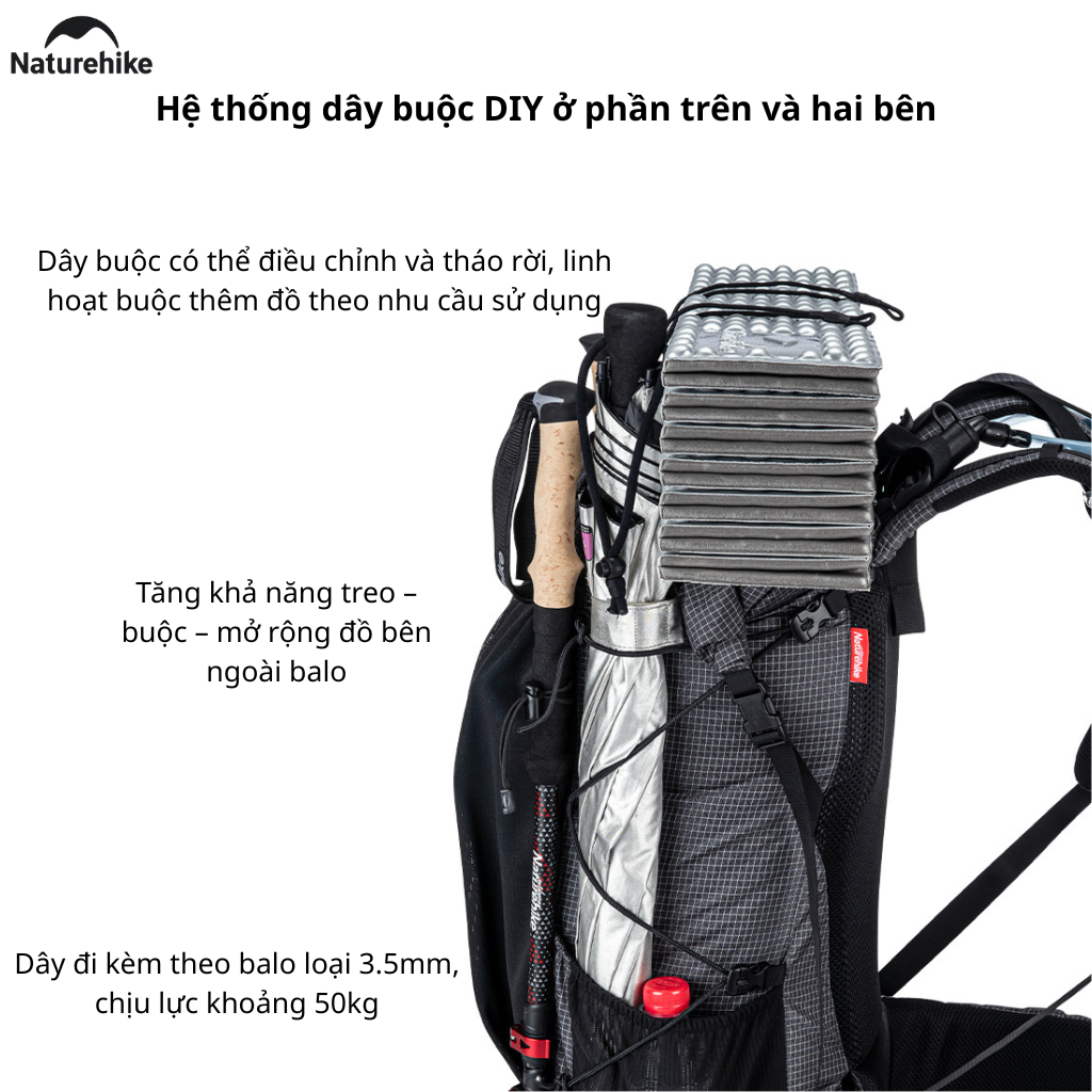 Balo Leo Núi Naturehike 60L Siêu Nhẹ Chống Nước Khung Nhôm Trekking Hiking Camping