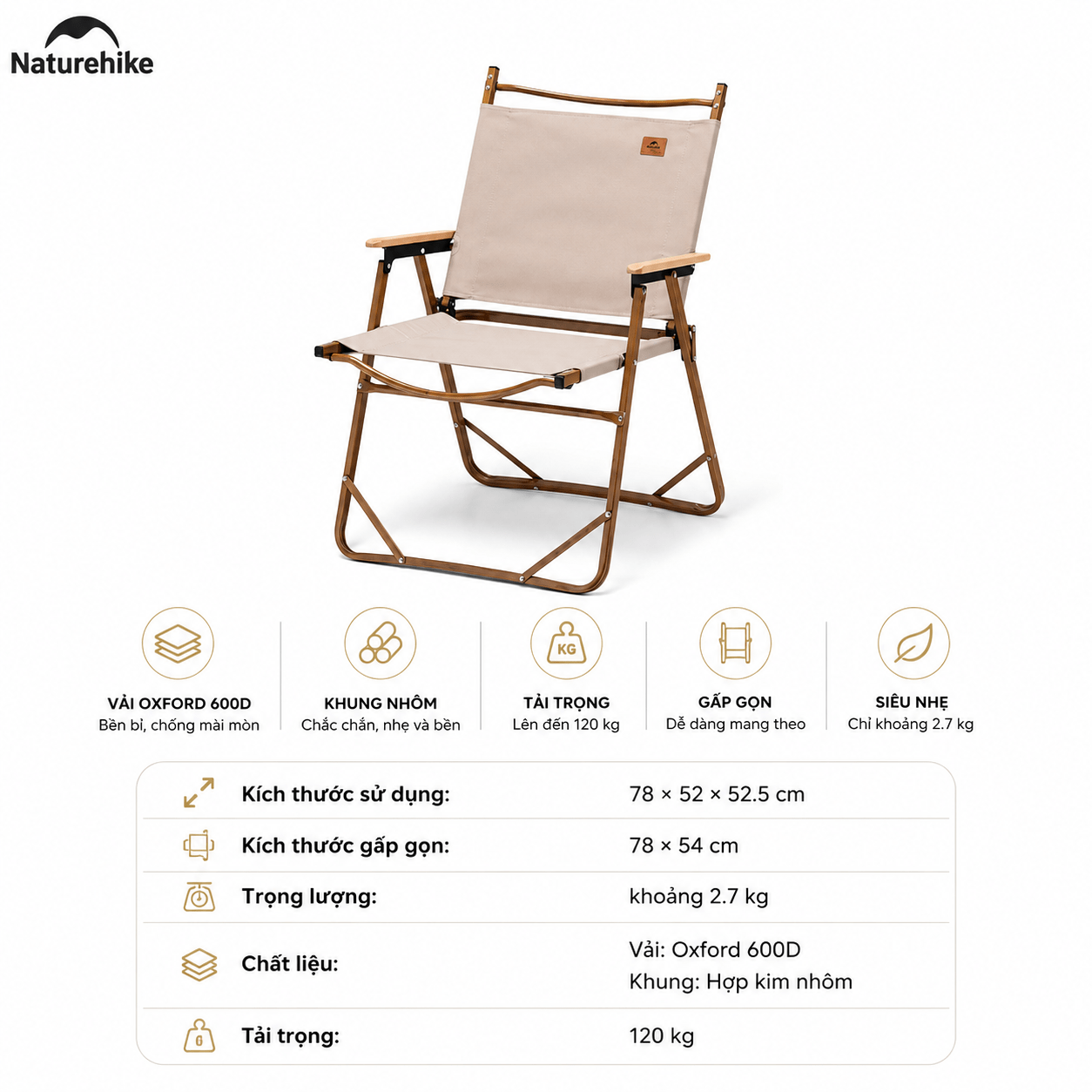 Ghế gấp gọn có tay vịn Naturehike NH19Y002-D, Ghế camping cao cấp