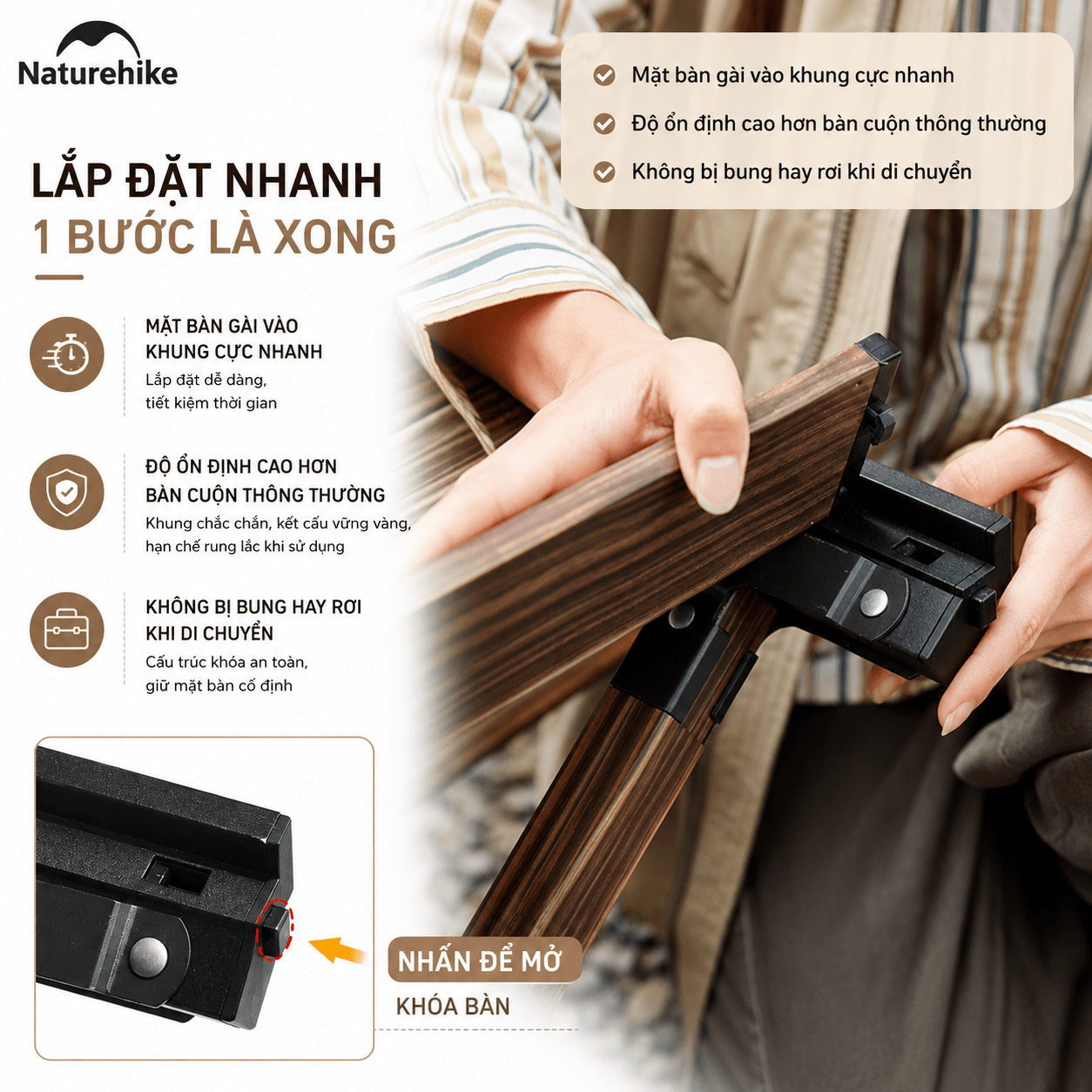 Bàn gấp gọn hợp kim nhôm - phủ vân gỗ chống nước bền bỉ, Kích thước 125×60cm - Naturehike CNH22JU043