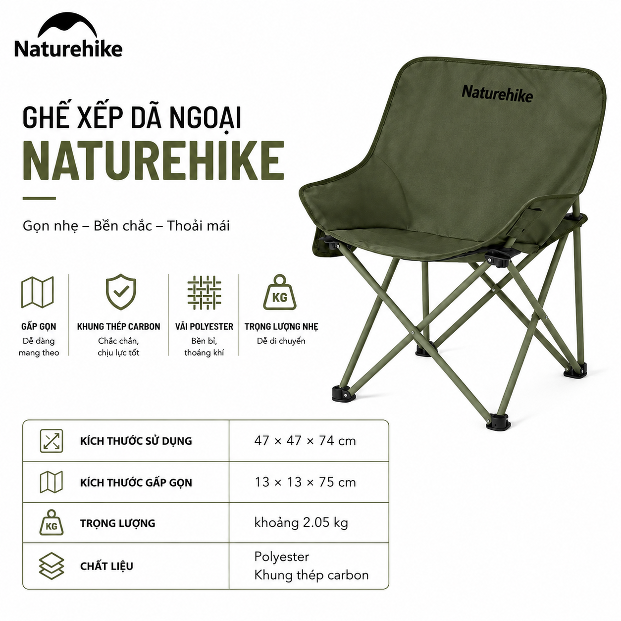 Ghế Mặt Trăng Naturehike CNH23JU13002 Gấp Gọn Có Túi Đựng Ghế Dã Ngoại Khung Thép Carbon