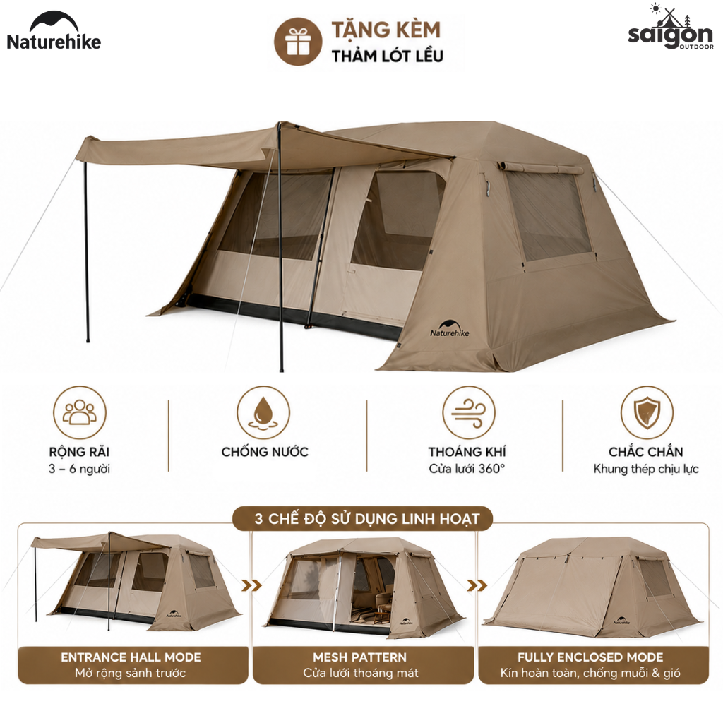 Lều Village 13 Naturehike CNK2550WS042 Tự Bung 4-6 Người, Lều Camping Gia Đình Siêu Rộng 18m² Chống Nắng Chống Mưa (TẶNG THẢM)