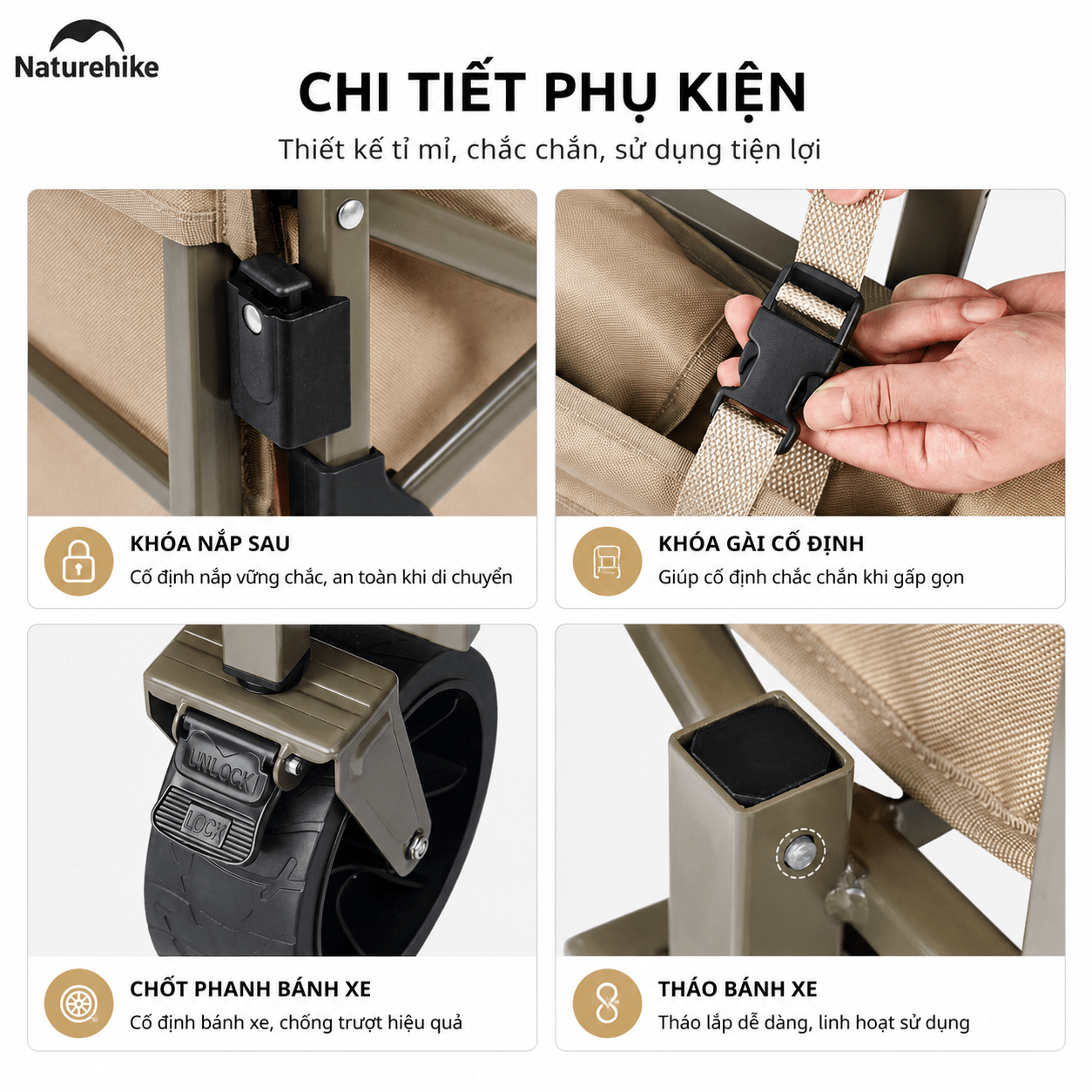 Xe Kéo Gấp Gọn CNK2350JJ012 Naturehike - Xe Đẩy Camping Dã Ngoại Có Phanh, Gấp Gọn, Mở Rộng Đuôi Xe