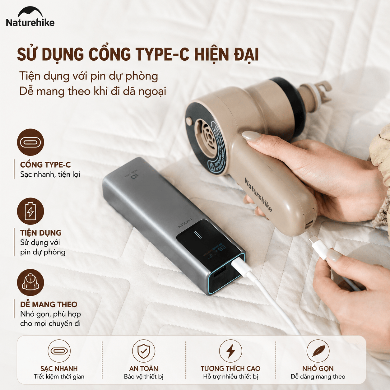 Máy Bơm Hơi Cầm Tay Mini CNK2450ZM017 Naturehike Sạc Type-C Đa Năng