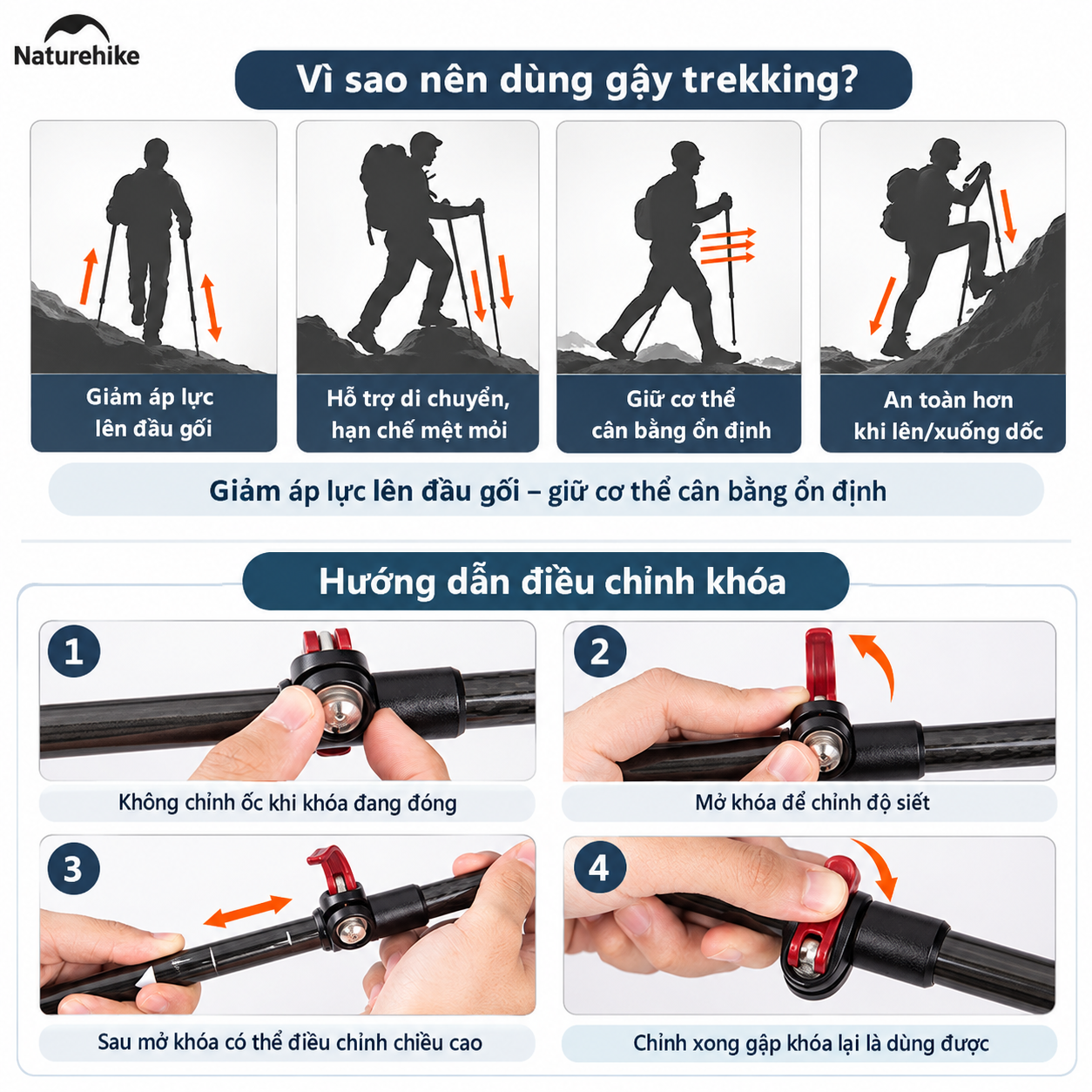 Gậy Trekking Naturehike Sợi Carbon Siêu Nhẹ 135g Gấp Gọn Điều Chỉnh 57-130cm Leo Núi Dã Ngoại NH19S010-T (TẶNG KÈM HỘP)