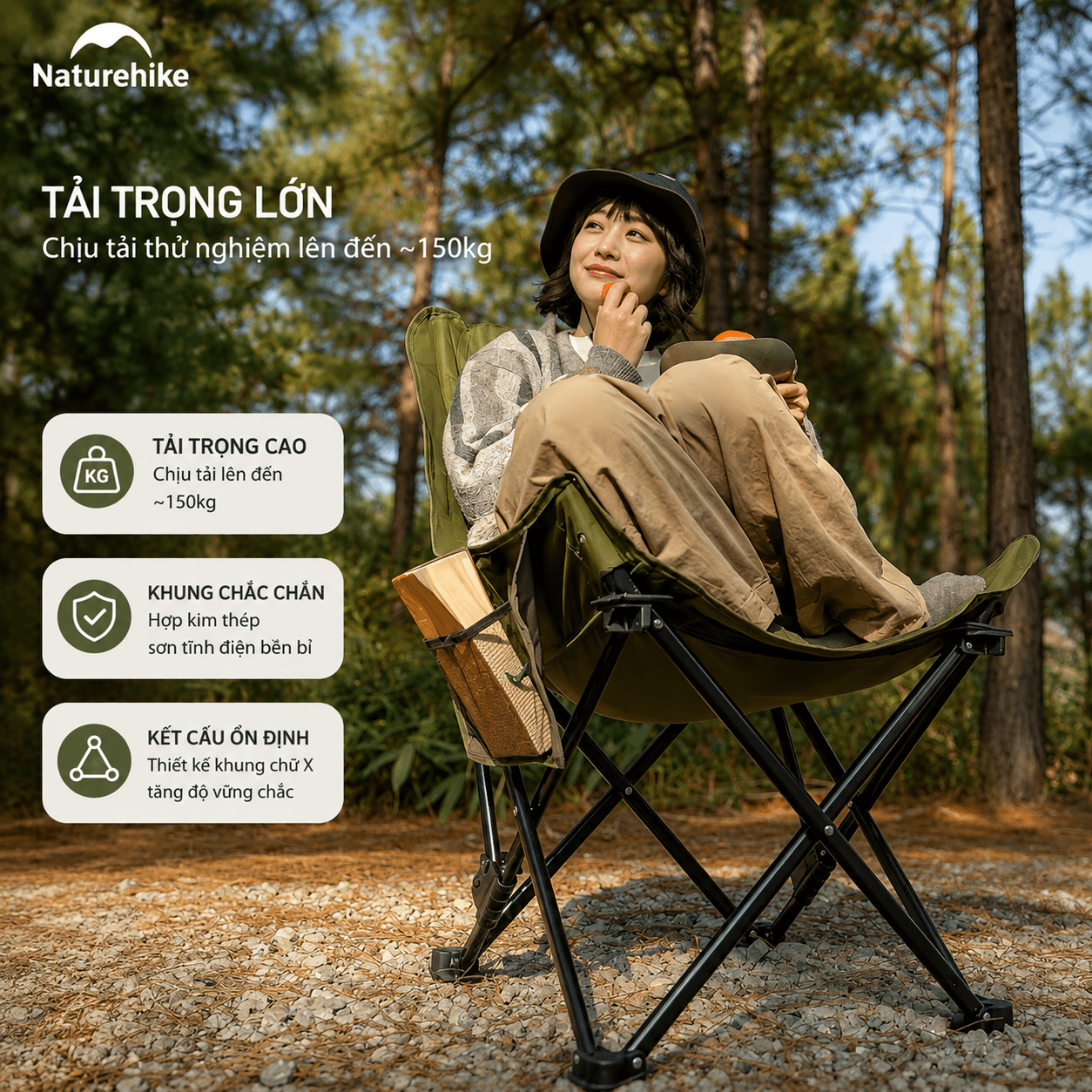 Ghế Xếp Dã Ngoại CNK2550JJ019,20 Naturehike Ghế Camping Ngả Lưng Có Gối Gấp Gọn Khung Thép Carbon