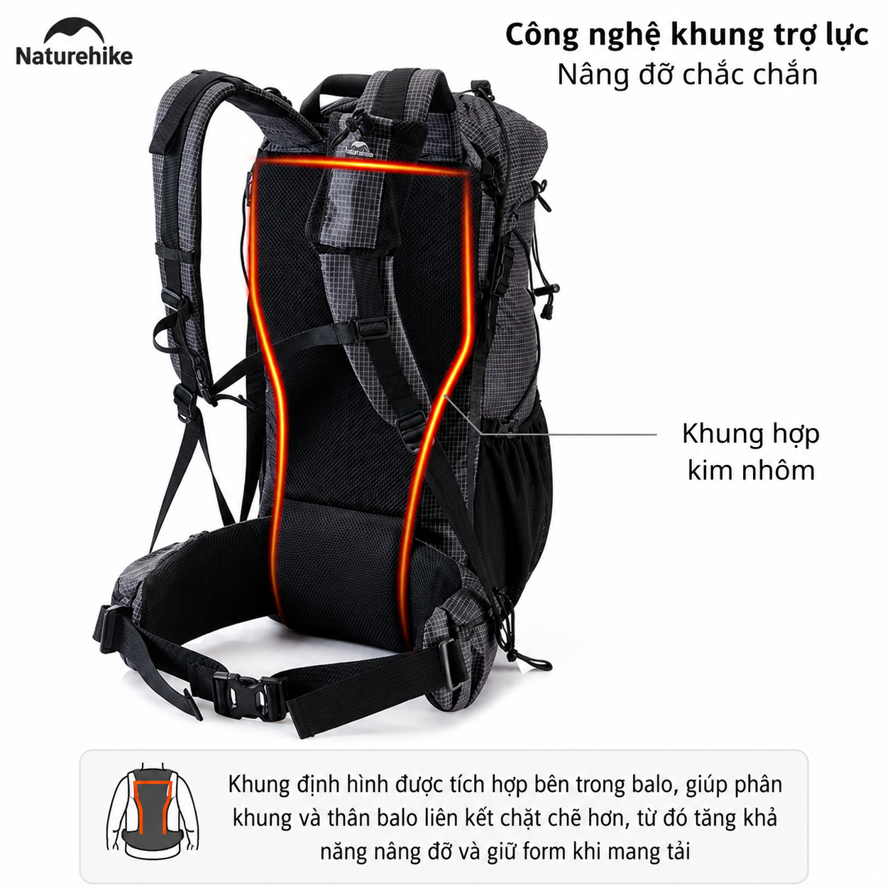 Balo Leo Núi Naturehike 60L Siêu Nhẹ Chống Nước Khung Nhôm Trekking Hiking Camping