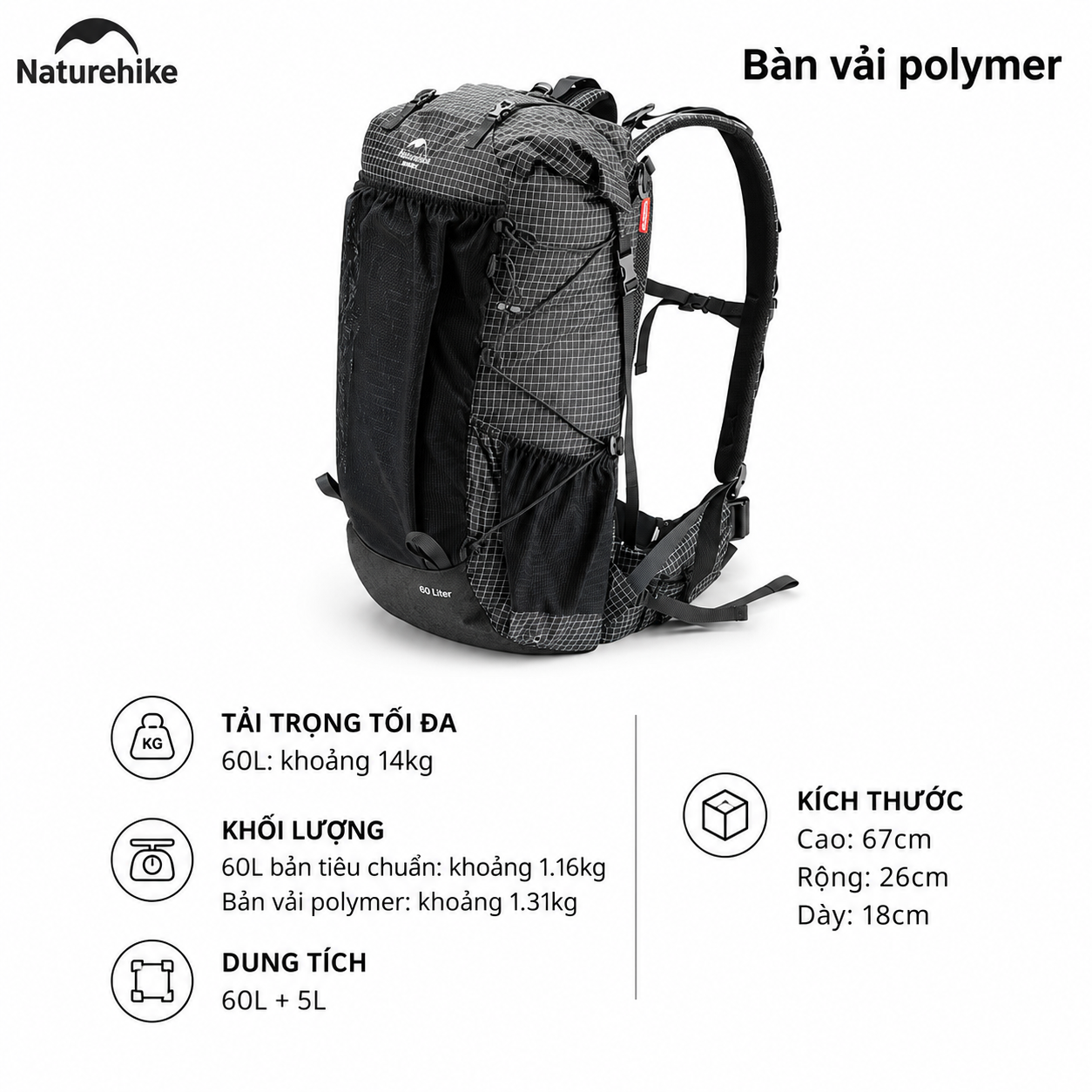 Balo Leo Núi Naturehike 60L Siêu Nhẹ Chống Nước Khung Nhôm Trekking Hiking Camping