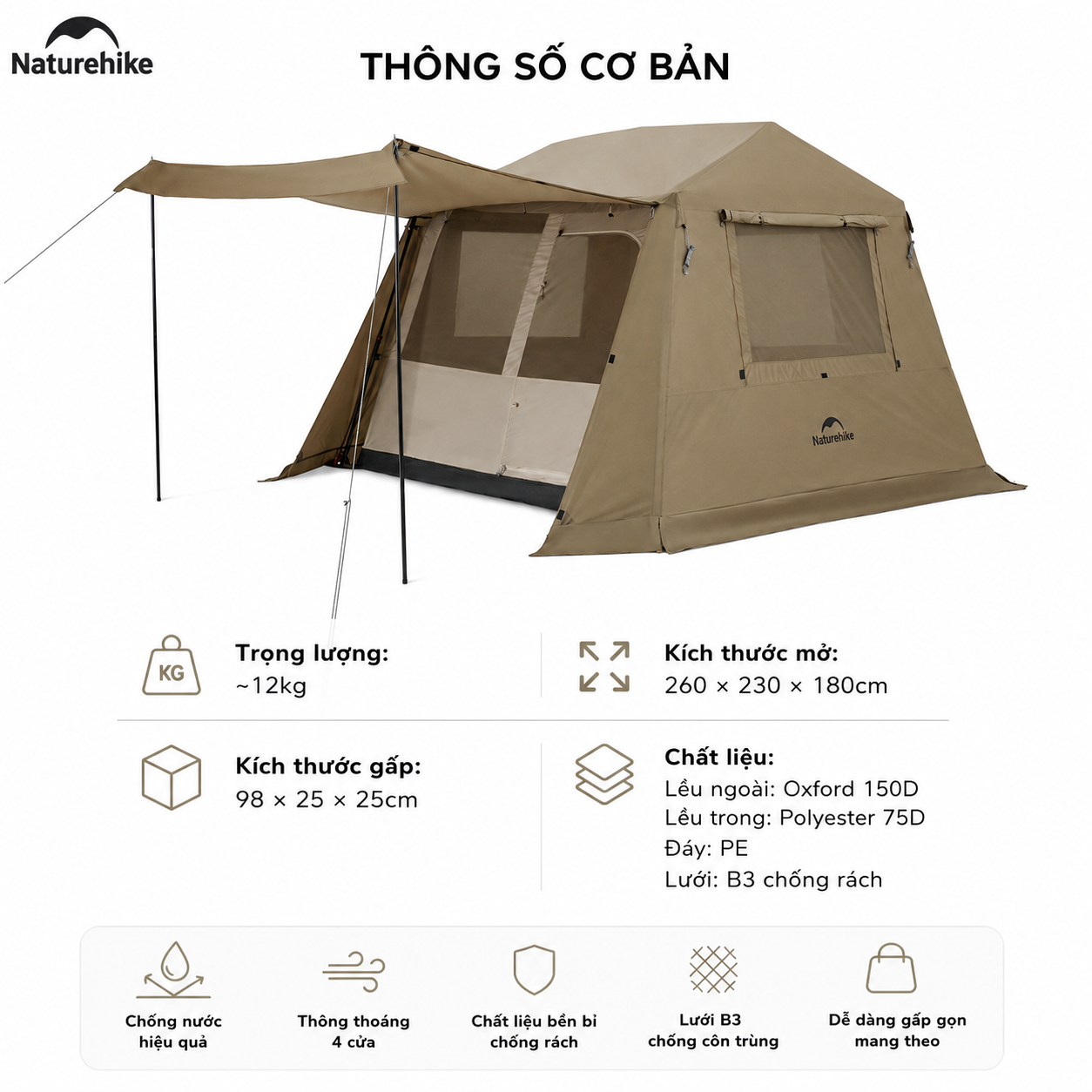 Lều Villa tự bung cao cấp Naturehike CNK2550WS043 cao 1m8, thiết kế 2 lớp Oxford 150D kết hợp Polyester 75D chống rách (TẶNG KÈM THẢM LÓT)
