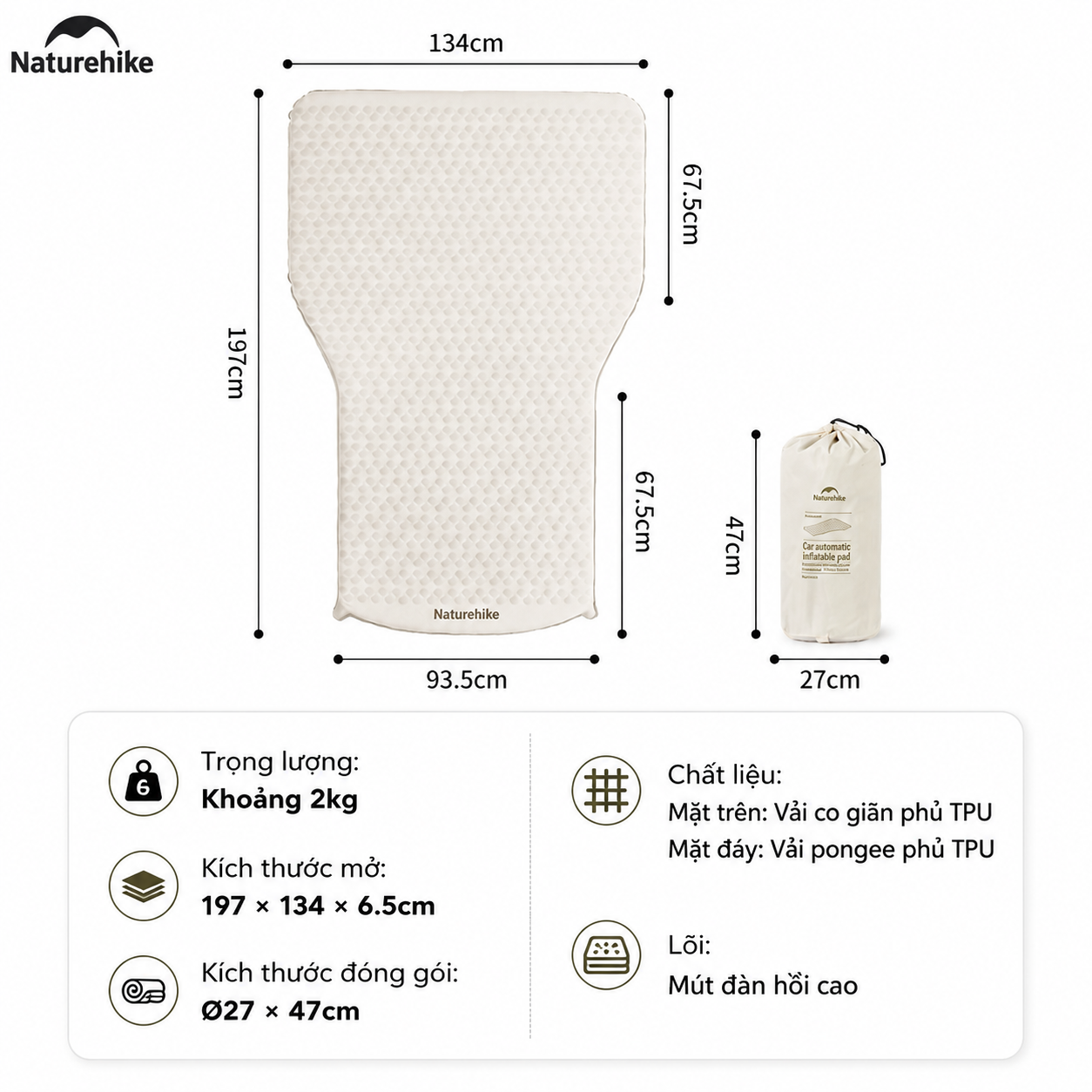 Đệm Hơi Tự Bơm Naturehike CNK2450WS010 Cho Ô Tô SUV MPV Du Lịch Camping Gấp Gọn Êm Ái 197x134x6.5cm