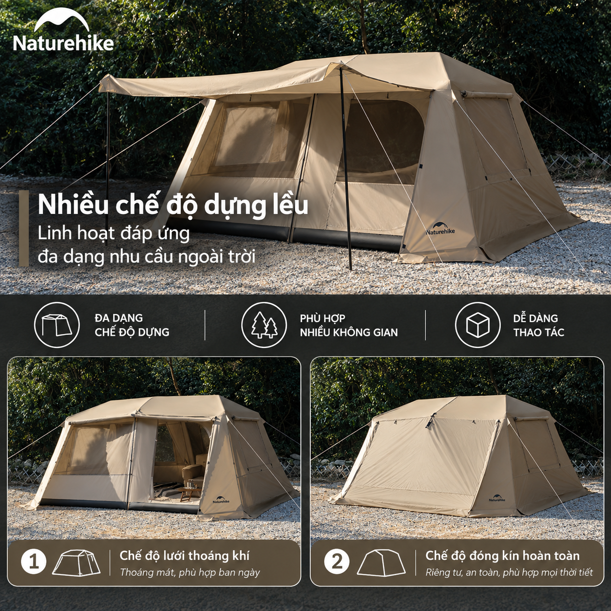 Lều Village 13 Naturehike Tự Bung 6-8 Người, Lều Camping Gia Đình Siêu Rộng 18m² Chống Nắng Chống Mưa (TẶNG THẢM) - CNK2550WS042