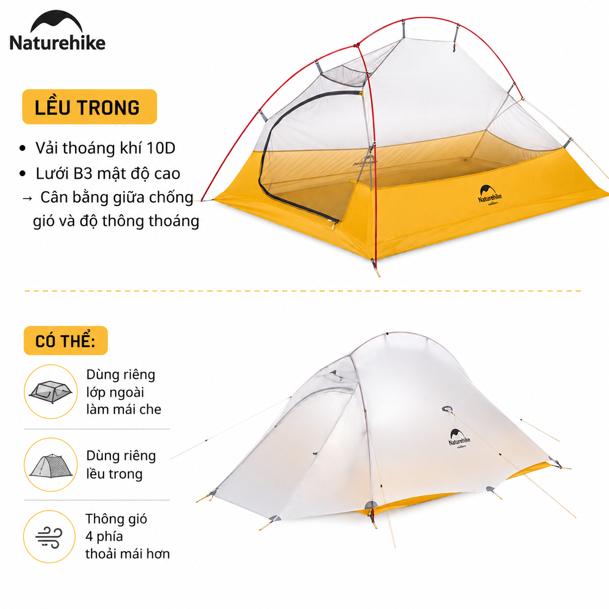Lều Naturehike NH19ZP017 Cloud Up 1 Người Siêu Nhẹ 930g Chống Nước 3000mm Lều Camping Dã Ngoại