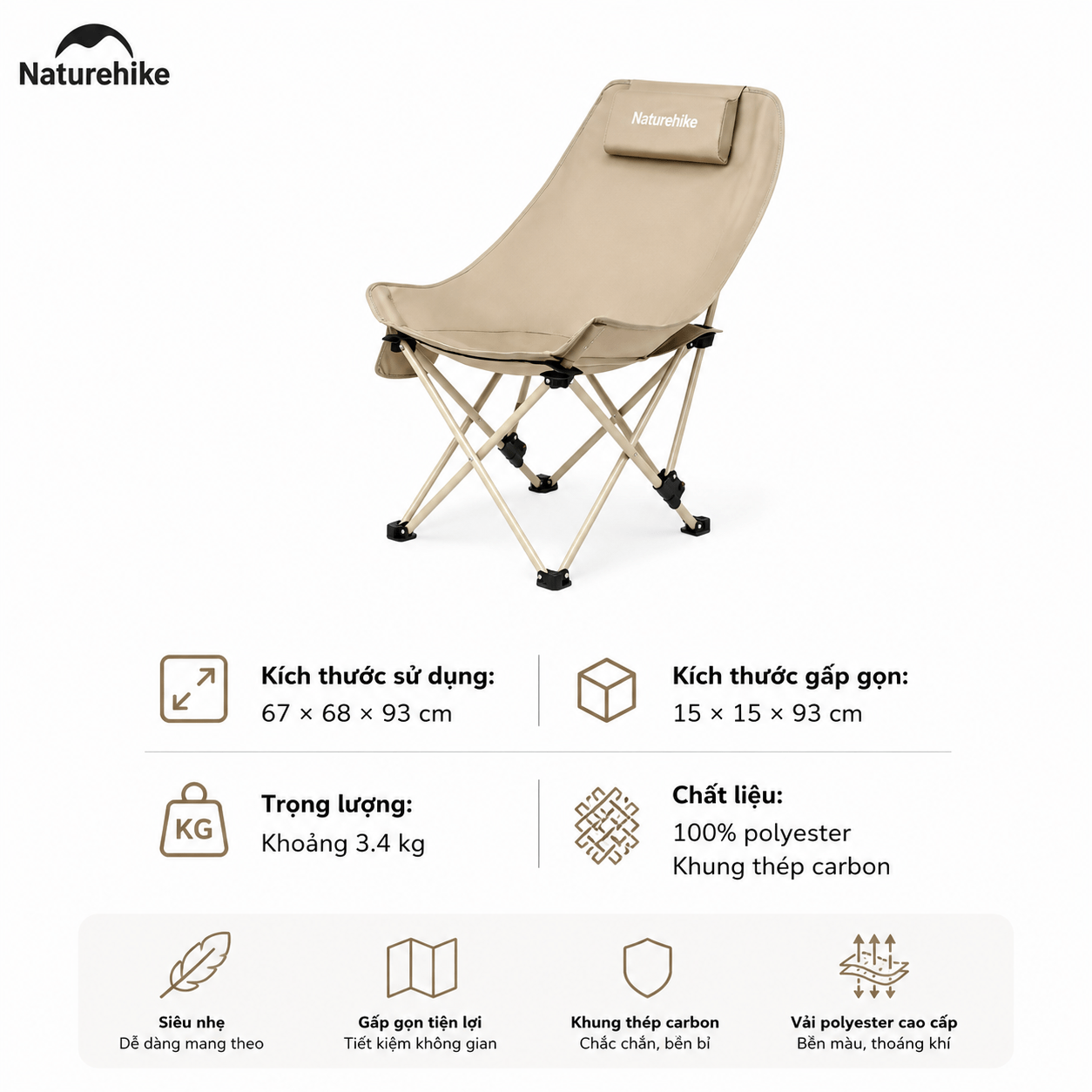 Ghế Xếp Dã Ngoại CNK2550JJ019,20 Naturehike Ghế Camping Ngả Lưng Có Gối Gấp Gọn Khung Thép Carbon