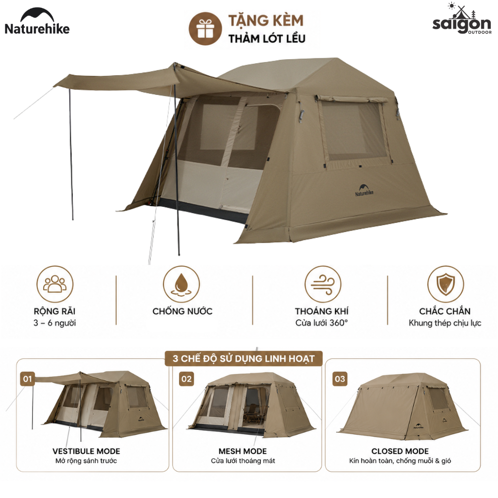 Lều Village 6.0 Tự Bung Cao Cấp Naturehike CNK2550WS043 Cao 1m8, Thiết Kế 2 Lớp Oxford 150D Kết Hợp Polyester 75D Chống Rách (TẶNG KÈM THẢM LÓT)