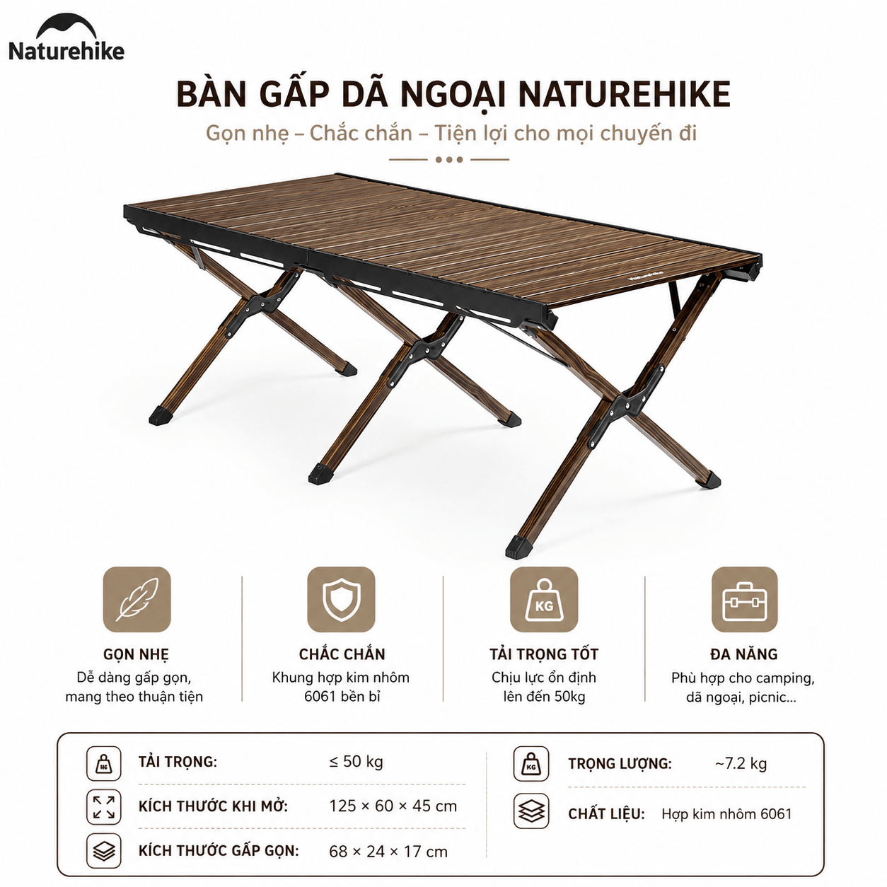 Bàn gấp gọn hợp kim nhôm - phủ vân gỗ chống nước bền bỉ, Kích thước 125×60cm - Naturehike CNH22JU043
