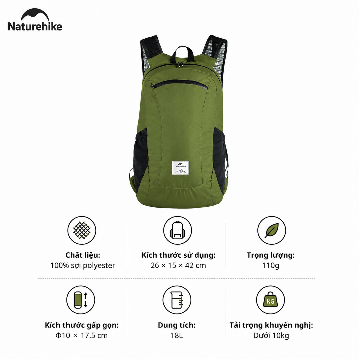 Balo Gấp Gọn Naturehike NH17A012-B 18L Siêu Nhẹ Chống Nước Du Lịch Leo Núi Dã Ngoại