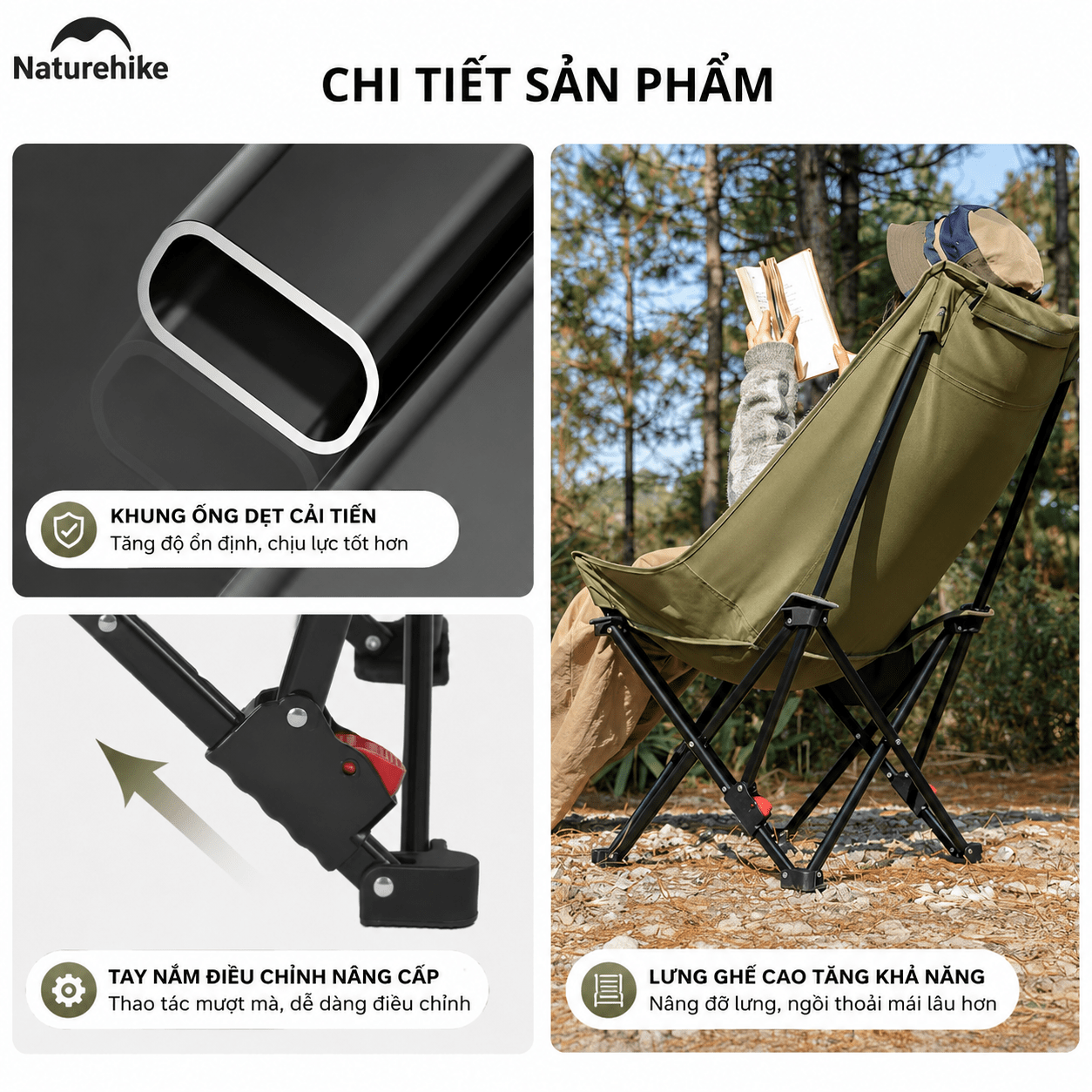 Ghế Xếp Dã Ngoại CNK2550JJ019,20 Naturehike Ghế Camping Ngả Lưng Có Gối Gấp Gọn Khung Thép Carbon