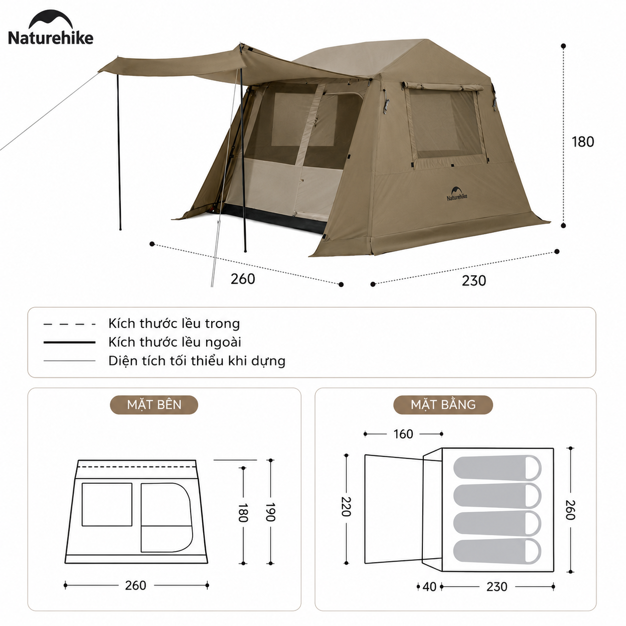 Lều Village 6.0 Tự Bung Cao Cấp Naturehike CNK2550WS043 Cao 1m8, Thiết Kế 2 Lớp Oxford 150D Kết Hợp Polyester 75D Chống Rách (TẶNG KÈM THẢM LÓT)