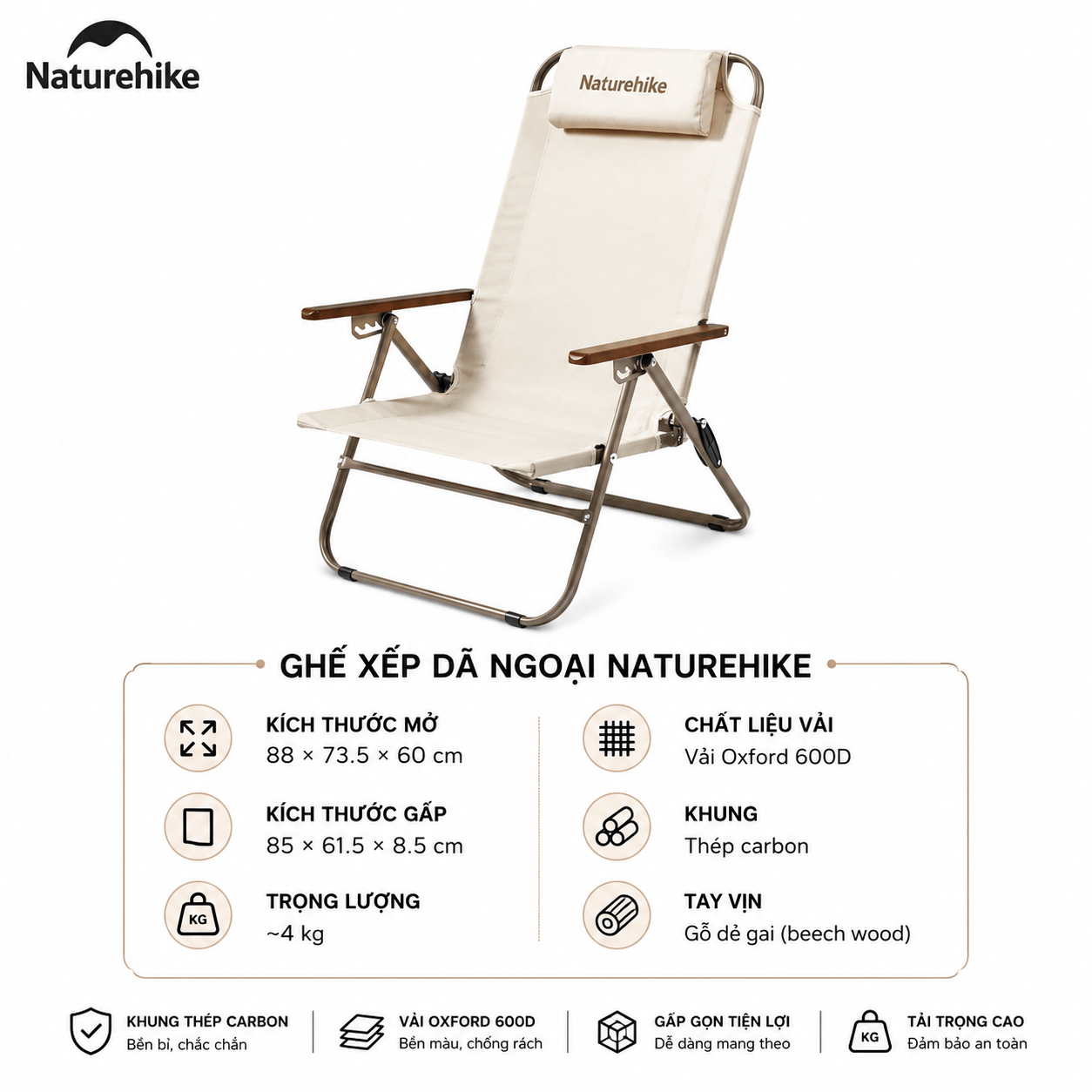 Ghế Xếp Camping Naturehike CNK2550JJ012 Low Chair Gấp Gọn 4 Mức Chỉnh – Ghế Dã Ngoại Tựa Lưng Cao Có Gối