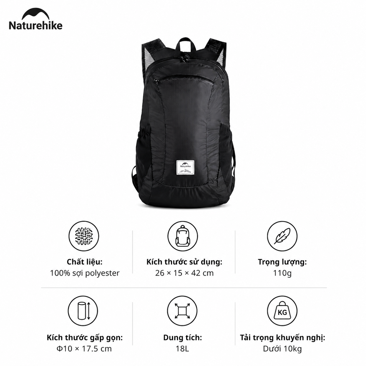 Balo Gấp Gọn Naturehike NH17A012-B 18L Siêu Nhẹ Chống Nước Du Lịch Leo Núi Dã Ngoại