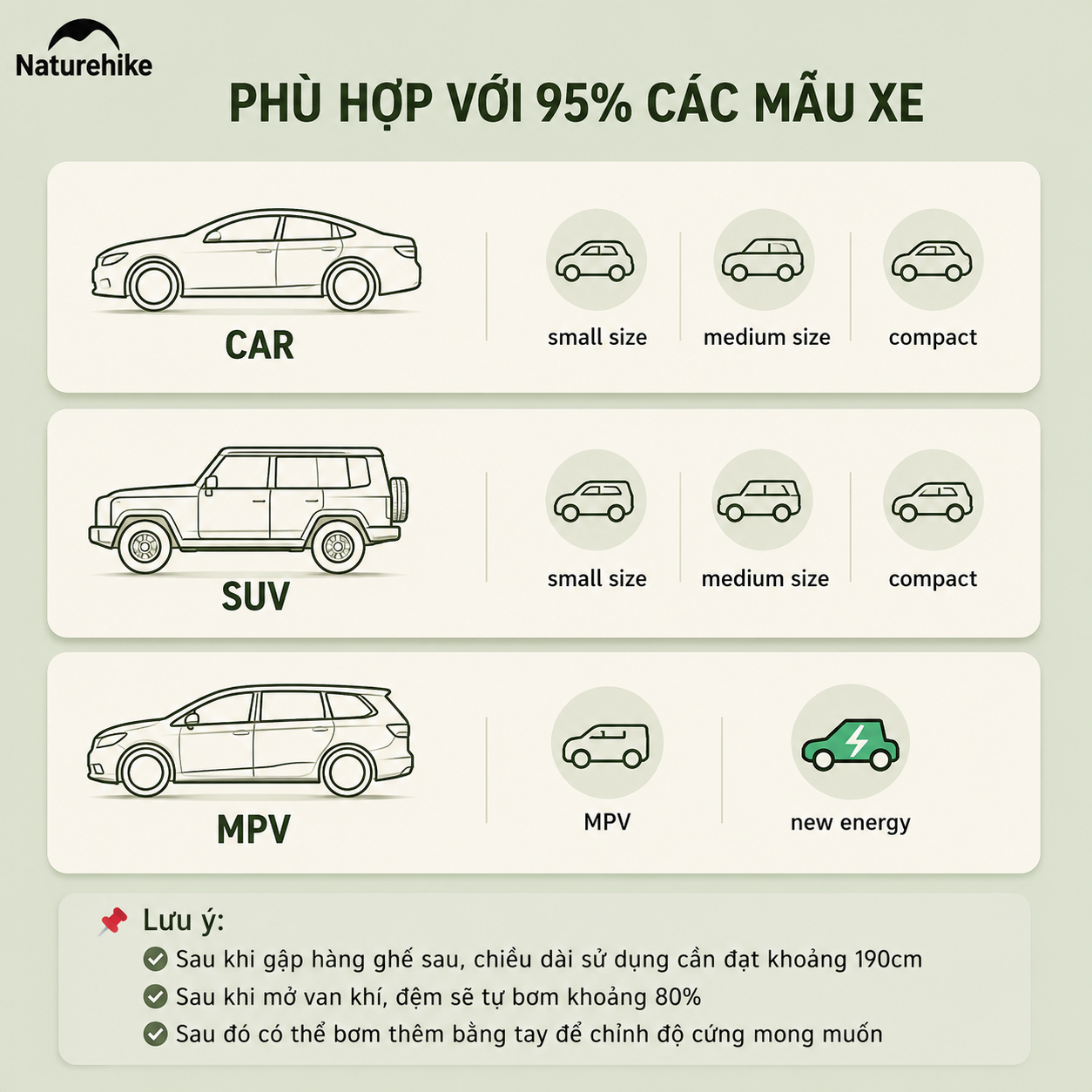 Đệm Hơi Tự Bơm Naturehike CNK2450WS010 Cho Ô Tô SUV MPV Du Lịch Camping Gấp Gọn Êm Ái 197x134x6.5cm