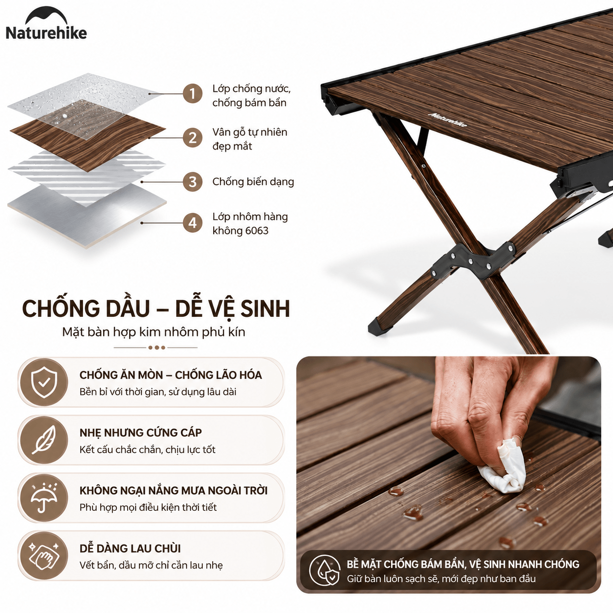 Bàn gấp gọn hợp kim nhôm - phủ vân gỗ chống nước bền bỉ, Kích thước 125×60cm - Naturehike CNH22JU043