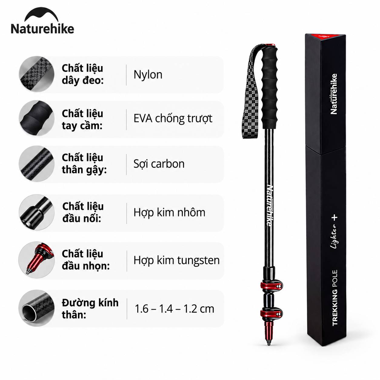 Gậy Trekking Naturehike Sợi Carbon Siêu Nhẹ 135g Gấp Gọn Điều Chỉnh 57-130cm Leo Núi Dã Ngoại NH19S010-T (TẶNG KÈM HỘP)