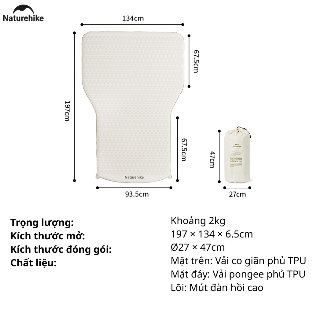 Đệm Hơi Tự Bơm Naturehike CNK2450WS010 Cho Ô Tô SUV MPV Du Lịch Camping Gấp Gọn Êm Ái 197x134x6.5cm