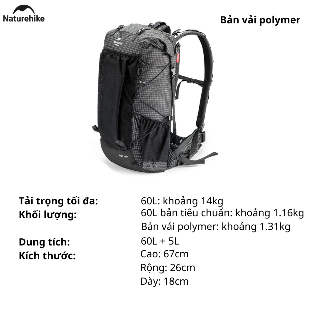 Balo Leo Núi Naturehike 60L Siêu Nhẹ Chống Nước Khung Nhôm Trekking Hiking Camping