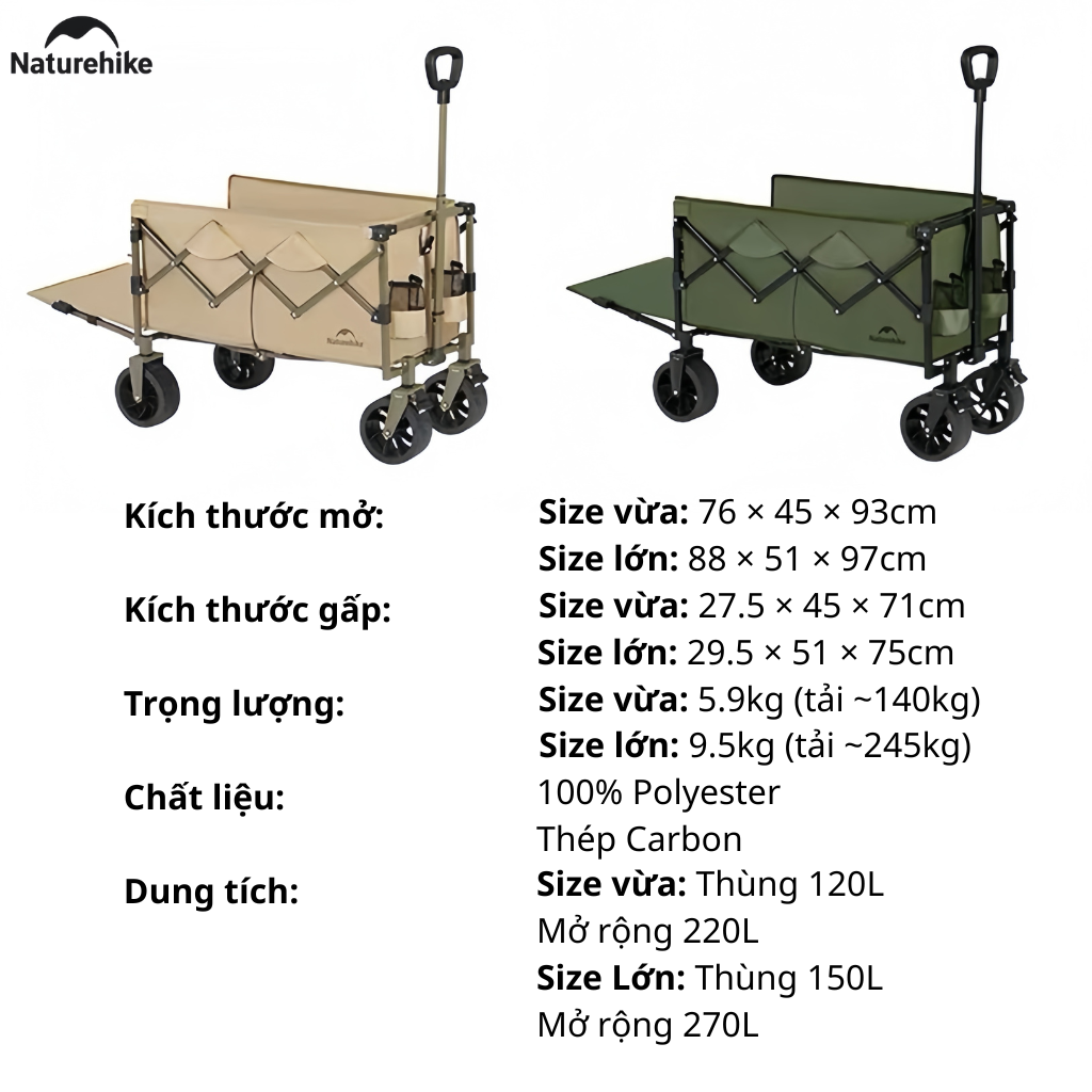 Xe Kéo Gấp Gọn CNK2350JJ012 Naturehike - Xe Đẩy Camping Dã Ngoại Có Phanh, Gấp Gọn, Mở Rộng Đuôi Xe