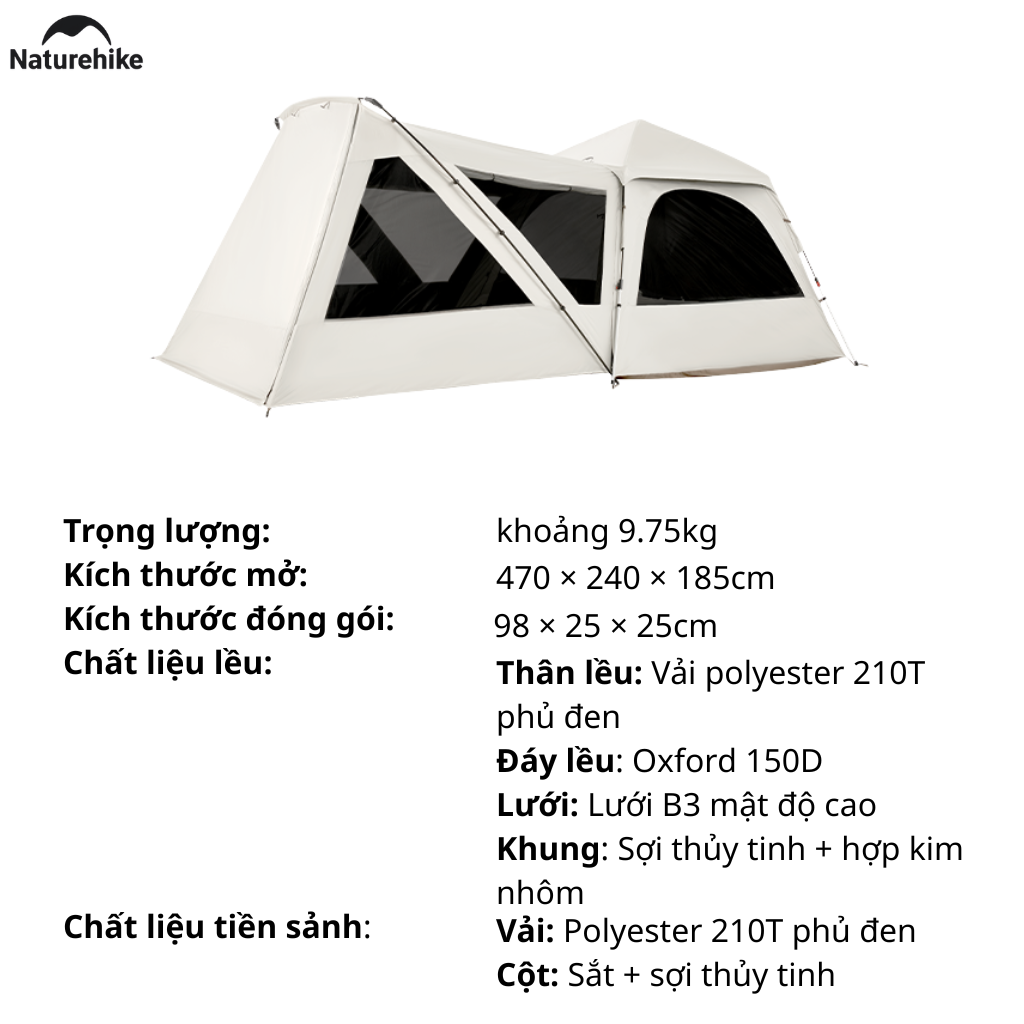 Lều Cắm Trại Tự Bung Naturehike CNK2650WS019 Có Tiền Sảnh 4 Người Chống Nắng UPF50+ Dựng Nhanh 3 Giây
