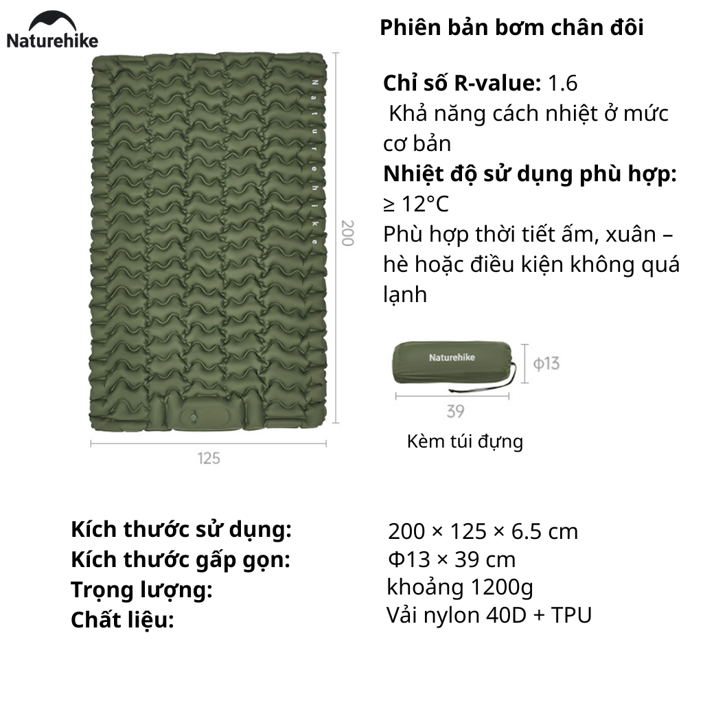 Đệm Hơi Đôi Naturehike CNK2550WS019 Đạp Chân 200x125cm Nệm Hơi Camping Gấp Gọn Có Gối Tích Hợp