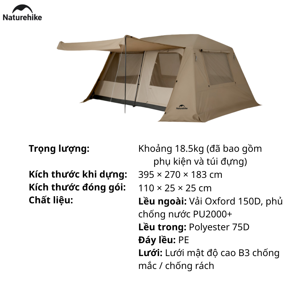 (TẶNG KÈM THẢM)Lều Cắm Trại Naturehike CNK2550WS042 Tự Bung 4-6 Người, Lều Gia Đình Camping Ngoài Trời Siêu Rộng 18m²