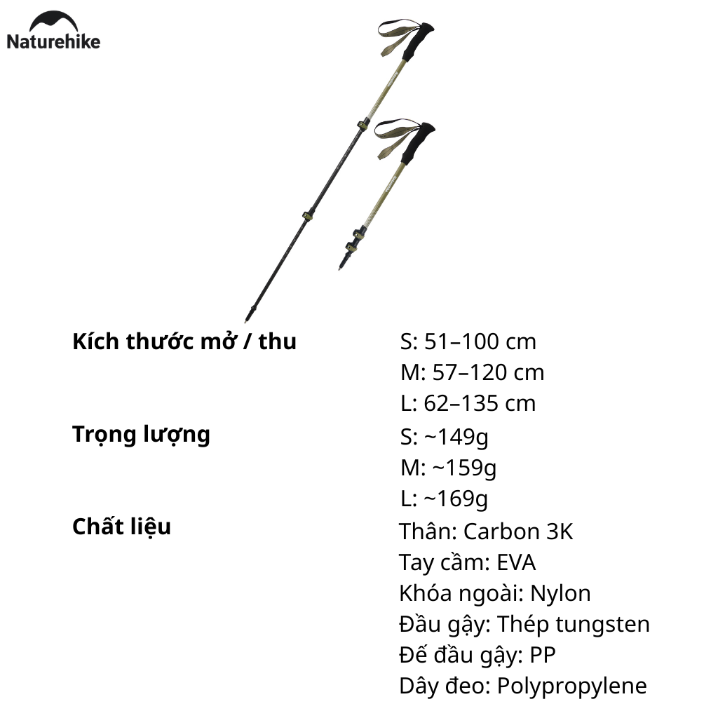 Gậy Leo Núi Naturehike CNK2300DS010 Carbon 3K Siêu Nhẹ – Gậy Trekking Gấp Gọn Điều Chỉnh Chiều Cao